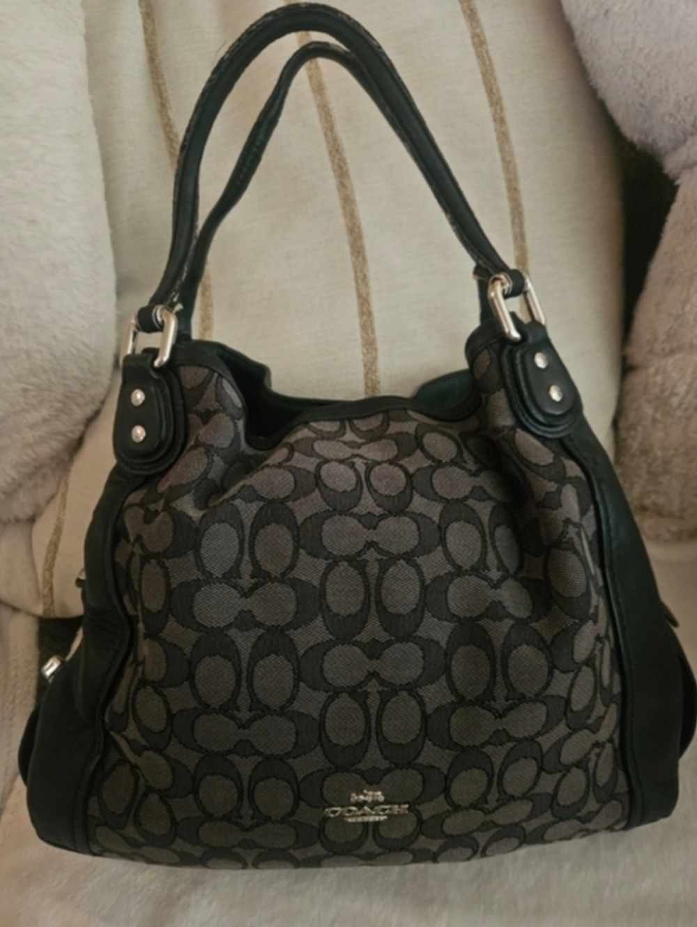 Coach Lexi Black Gray Signature Handbag Black Leather Trim No. B1732-57933